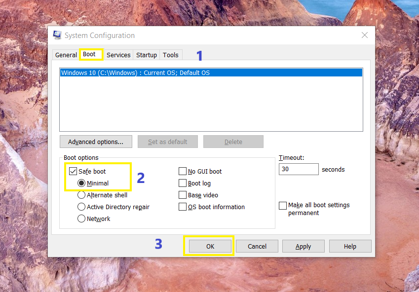 تفعيل خيار Safe boot Minimal للدخول للوضع الآمن.